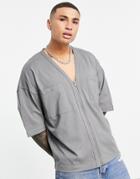Asos Design Oversized Half Sleeve Jersey Shirt With Double Pockets In Washed Black
