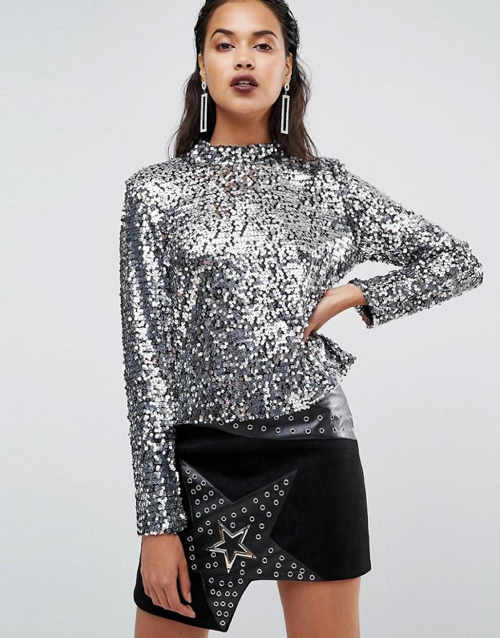 Boohoo High Neck Sequin Top - Silver