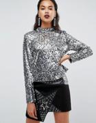 Boohoo High Neck Sequin Top - Silver