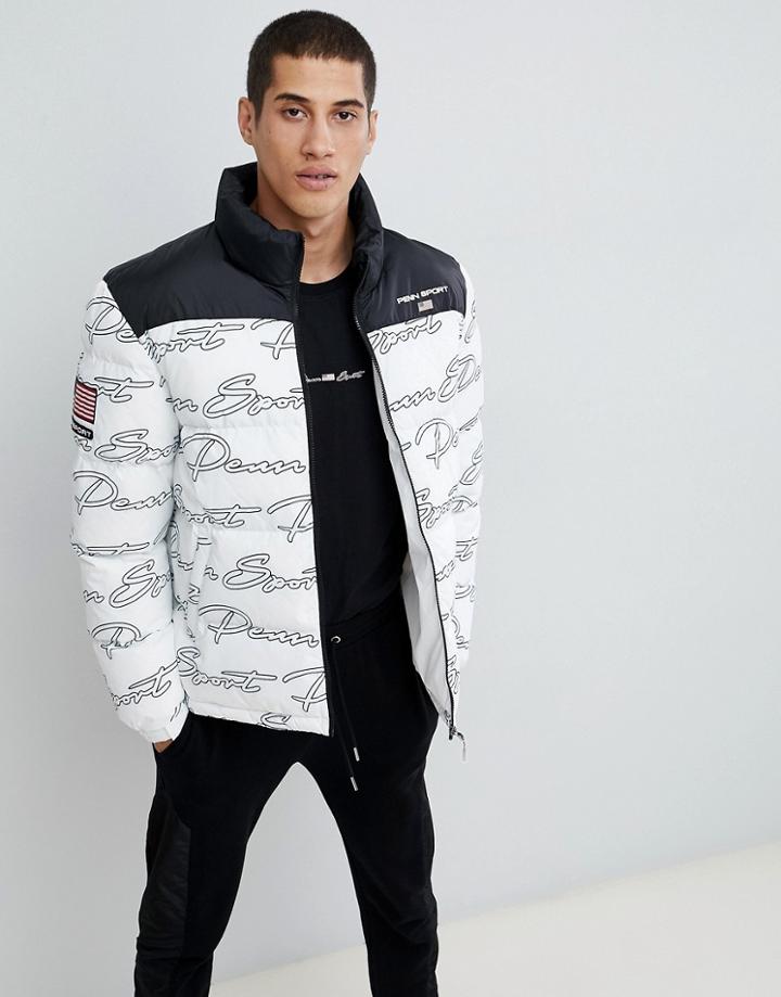 Penn Sport Puffer Jacket In White With All Over Logo Print - White