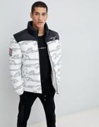 Penn Sport Puffer Jacket In White With All Over Logo Print - White