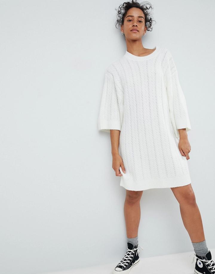 Asos Chunky Cable Knitted Dress With Wide Crop Sleeves - Cream