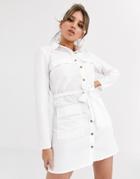 Asos Design Utility Belted Mini Cotton Shirt Dress-white
