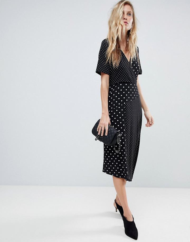 Asos Midi Wrap Dress In Mixed Polka Dot With Asymmetric Hem - Multi