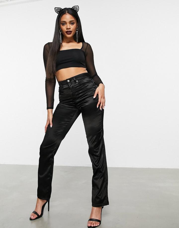 Asos Design Mid Rise 90s Straight Leg Jeans In Black Satin