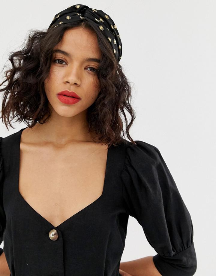 Asos Design Headband In Wide Twist Profile In Metallic Polka Dot In Black - Black