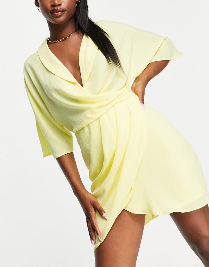 Asos Design Drapey Linen Mini Wrap Dress In Yellow