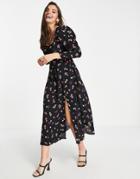 Miss Selfridge Sweetheart Puff Sleeve Midi Dress In Colorful Floral-black