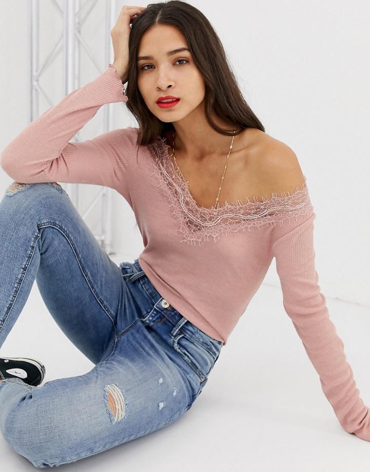 Stradivarius Lace Edge V Neck Top In Pink - Pink