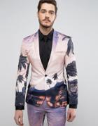 Asos Super Skinny Suit Jacket In Elephant Sunset Print - Pink