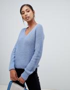 Brave Soul V-neck Half Cardigan Knit Sweater With Turn Back Cuff - Blue