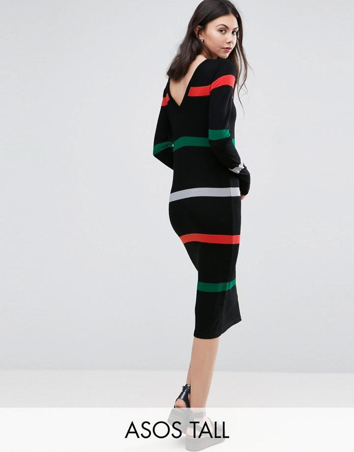 Asos Tall Sweater Dress In Stripe With V Back - Multi