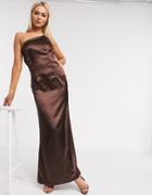 Tfnc Bridesmaid One Shoulder Satin Maxi Dress In Chocolate-brown