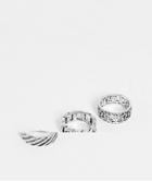 Asos Design 3 Pack Band Ring Set With Chain And Greek Wave In Silver Tone