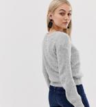 Miss Selfridge V-neck Sweater With Pearl Back Detail In Gray - Gray