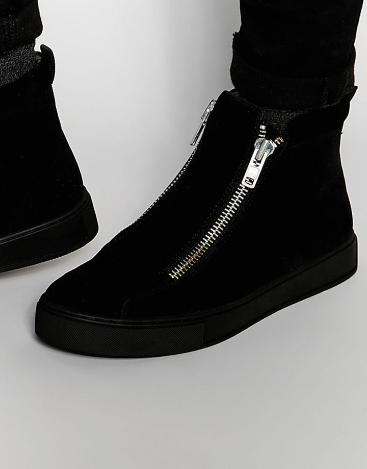 Asos Zip Boots In Black Faux Suede With Chunky Sole - Black