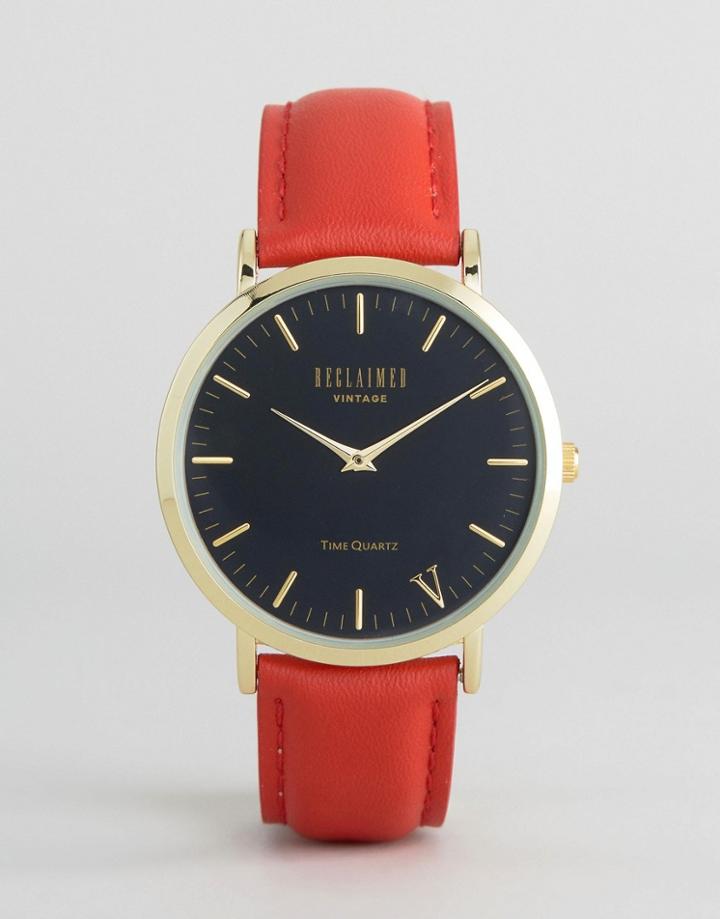 Reclaimed Vintage Inspired Red Leather Watch With Gold Case - Red