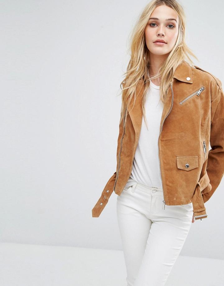 Noisy May Suede Biker Jacket - Tan