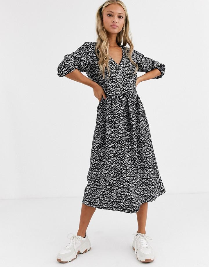 Asos Design Mono Floral Jacquard Wrap Smock Dress-multi