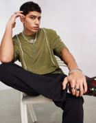 Asos Dark Future Oversized T-shirt In Towelling With Seam Details And Logo Embroidery In Khaki-green