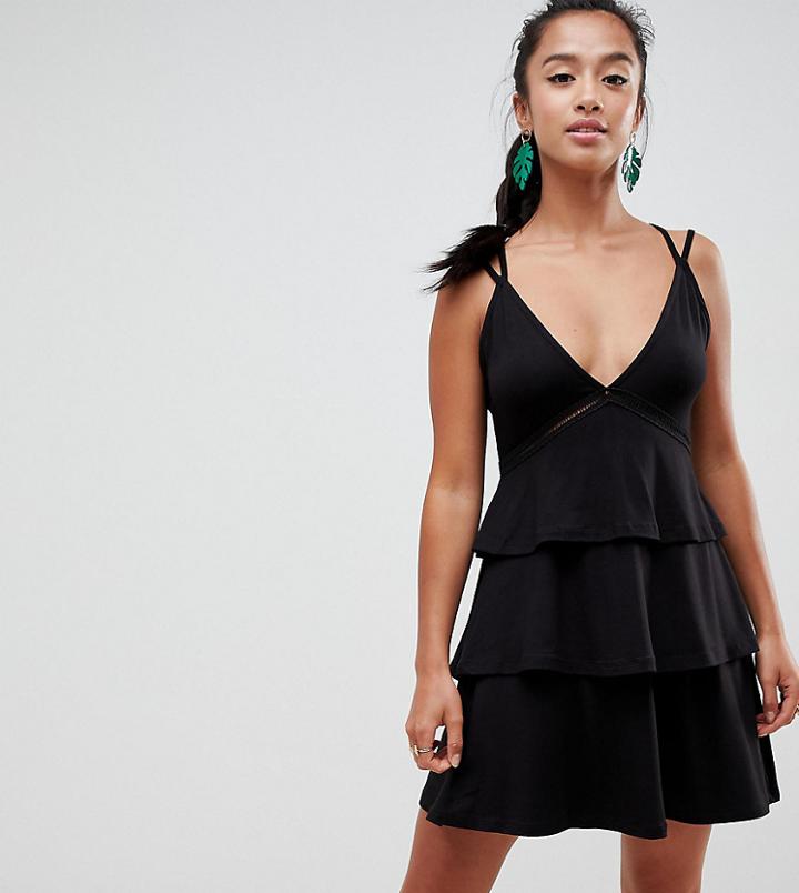 Asos Design Petite Strappy Mini Sundress With Tier And Ladder Trim - Black