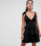 Asos Design Petite Strappy Mini Sundress With Tier And Ladder Trim - Black