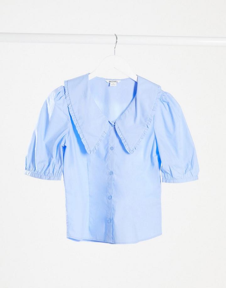 Monki Sandra Puff Sleeve Collar Blouse In Blue