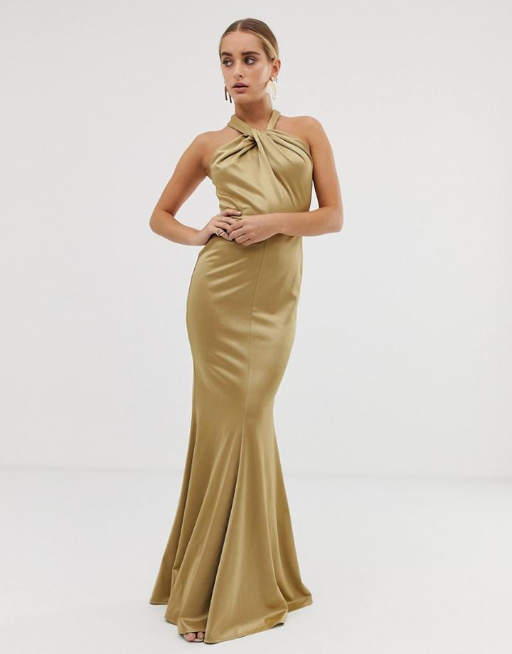 Asos Design Halter Neck Maxi Dress With Fishtail Skirt-gold
