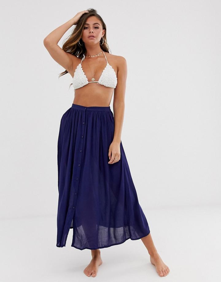 Anmol Button Through Beach Maxi Skirt-navy