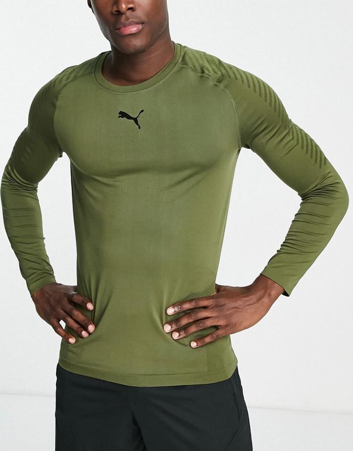 Puma Training Formknit Seamless Long Sleeve Top In Khaki-green