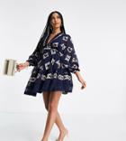 Asos Design Maternity Embroidered Mini Dress With Blouson Sleeves-blues