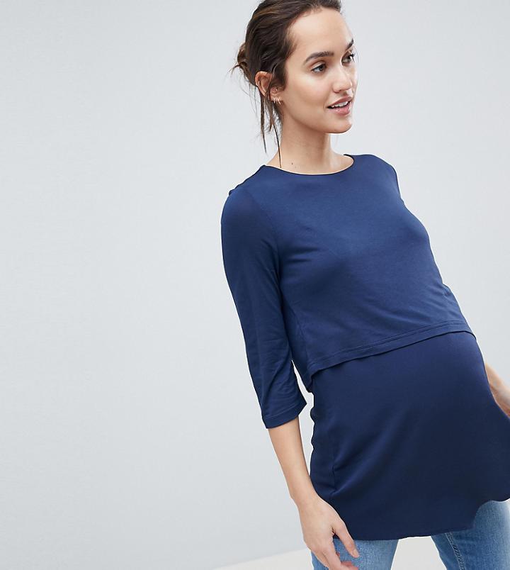 Asos Design Maternity Nursing Asymmetric Formal Mixed Fabric Top - Navy