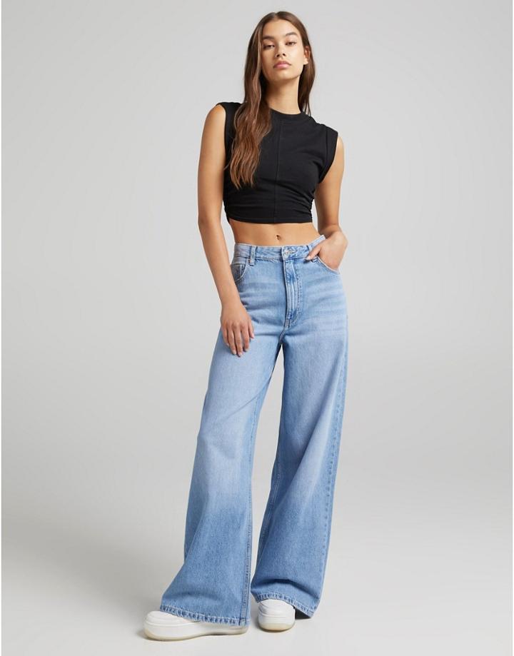 Bershka 90s Super Wide Leg Jeans In Blue-blues