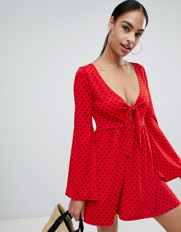 Prettylittlething Polka Dot Flared Sleeve Swing Dress - Red