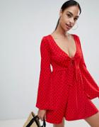 Prettylittlething Polka Dot Flared Sleeve Swing Dress - Red