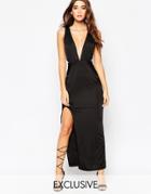 Naanaa Deep Plunge Wrap Maxi Dress With Thigh Split - Black