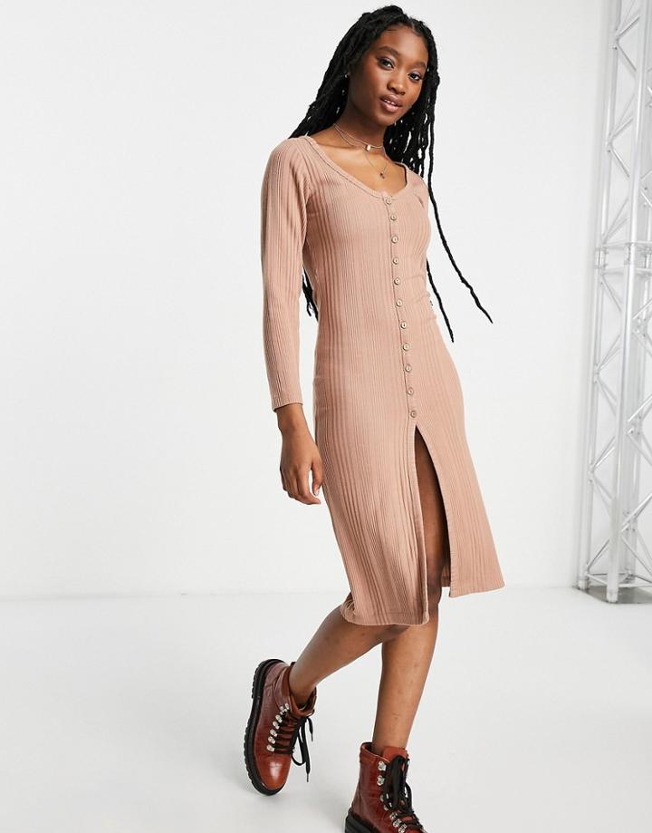 Miss Selfridge Long Sleeve Button Through Cardigan Midi Dress In Mocha-brown