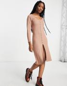 Miss Selfridge Long Sleeve Button Through Cardigan Midi Dress In Mocha-brown