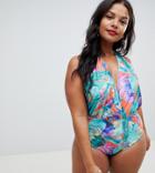 Unique21 Hero Halterneck Swimsuit In Jungle Leaf Print - Multi