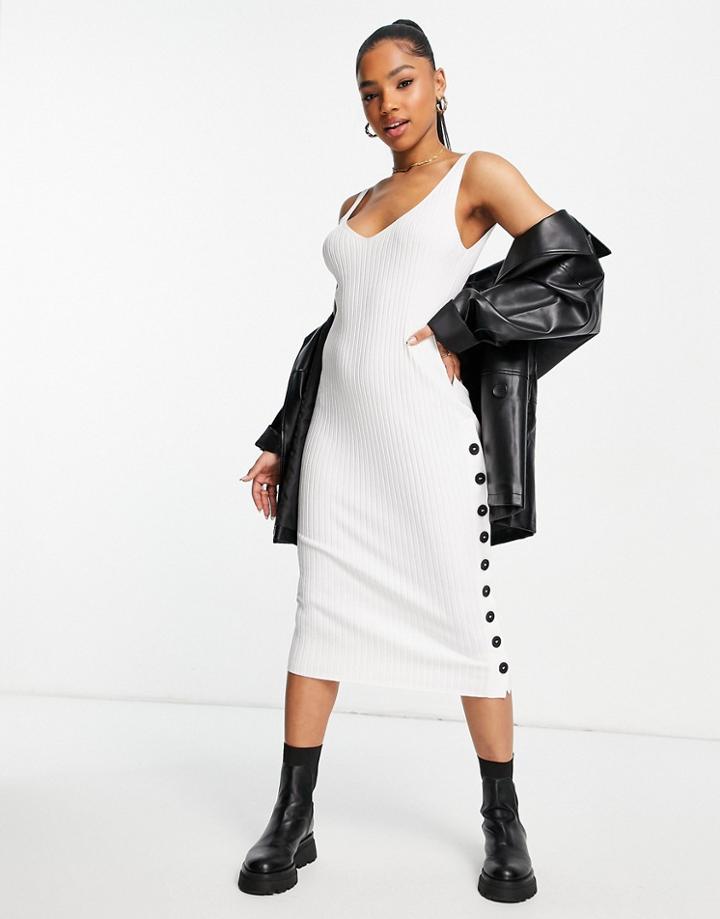 Miss Selfridge Eco Button Rib Sleeveless Knit Midi Dress In White