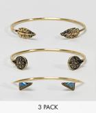 Asos Design Pack Of 3 Triangle Stone And Arrowhead Cuff Bracelets - Gold