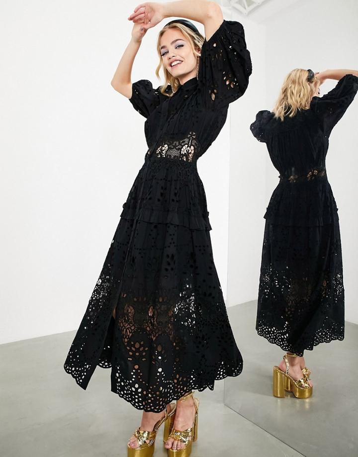 Asos Edition Waisted Broderie Midi Shirt Dress With Puff Sleeve In Black