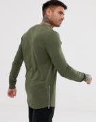 Asos Design Muscle Longline Sweatshirt With Curved Hem In Khaki With Silver Side Zips - Green