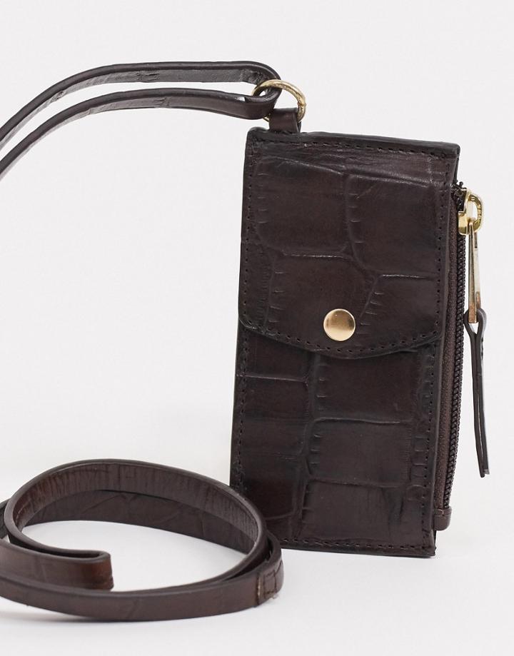 Asos Design Leather Neck Wallet In Brown Croc-black