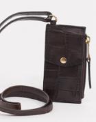 Asos Design Leather Neck Wallet In Brown Croc-black