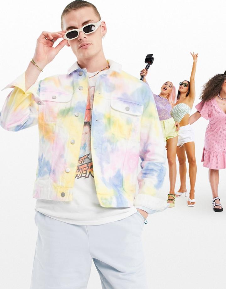 Asos Design Tie Dye Denim Jacket In Rainbow Wash-blues