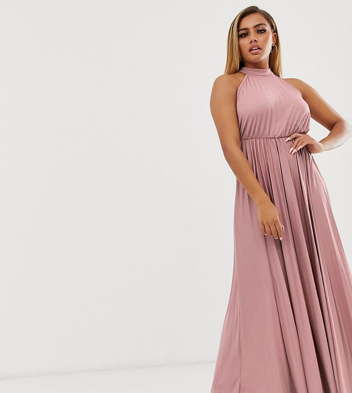 Asos Design Petite Halter Pleated Waisted Maxi Dress-pink