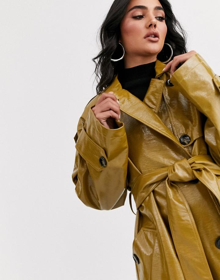 Asos Design Vinyl Trench Coat In Khaki