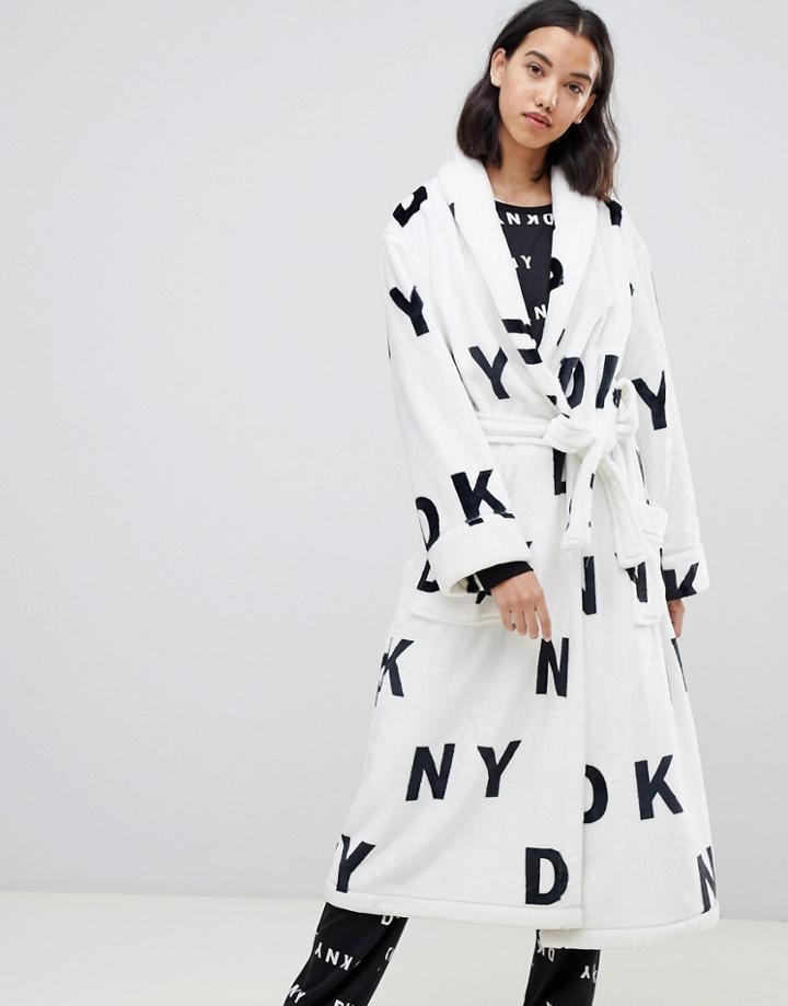 Dkny Logo Fleece Hooded Robe - White