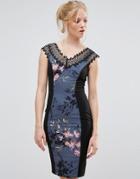 Little Mistress Floral Print And Lace Wiggle Dress - Gray